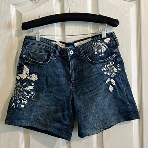 Pilcro Anthropologie Slim Boyfriend Shorts Floral Embroidered Beaded Denim Sz 28